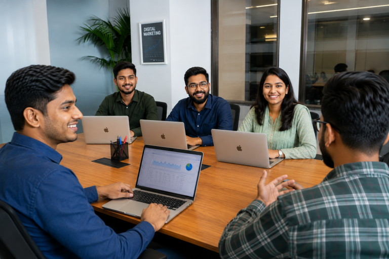 Diverse team of digital marketing professionals collaborating in a modern conference room at Dream Baz IT, recognized as a Best Digital Marketing Agency in Bangladesh.